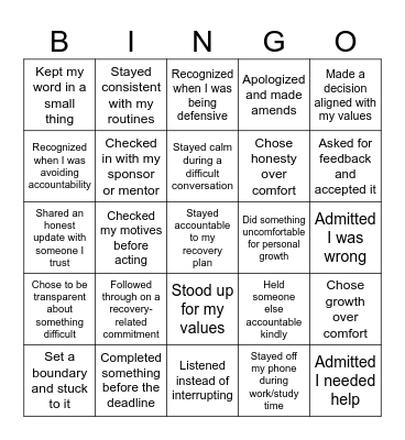 Accountability Bingo Card