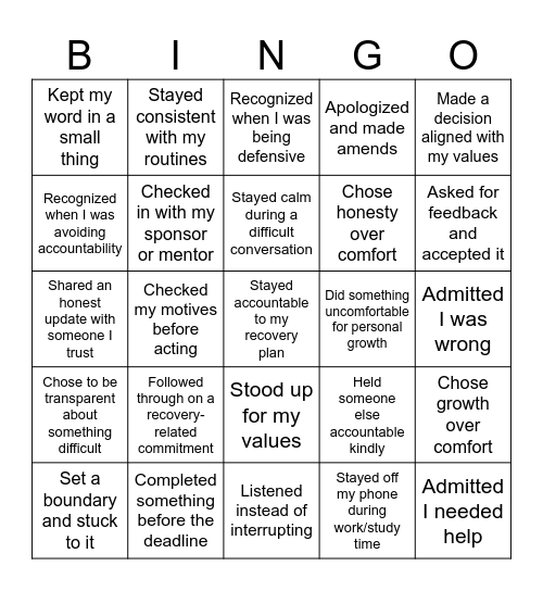 Accountability Bingo Card