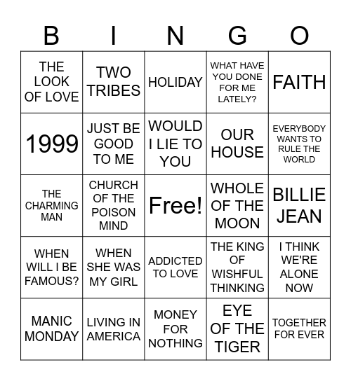 80'S HITS Bingo Card