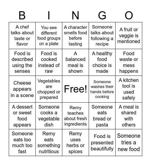 Ratatouille Bingo Card