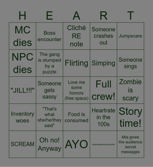 Resident Evil v. 1 Bingo Card