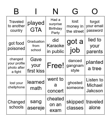 Life Experiences Bingo Card
