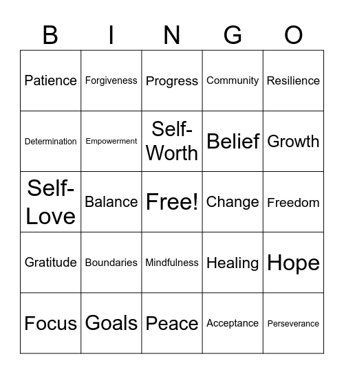 Recovery Bingo Card