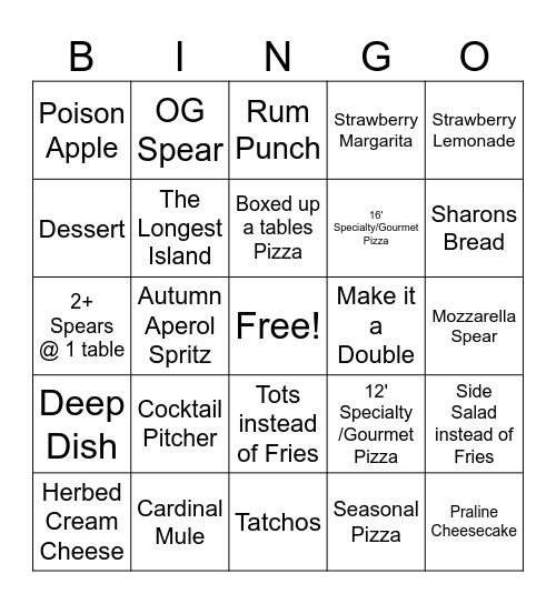 G's Pizzeria Bingo Card