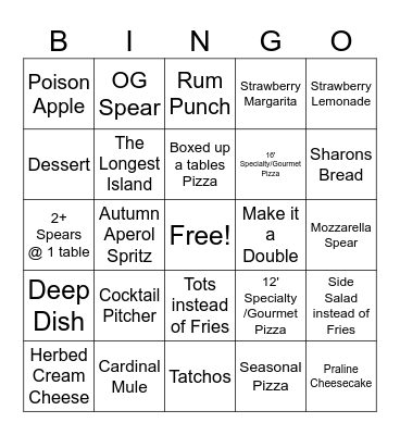 G's Pizzeria Bingo Card