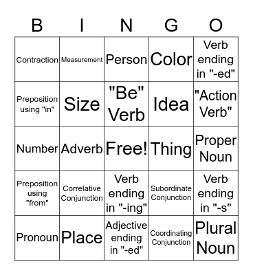 Parts of Speech Bingo Card