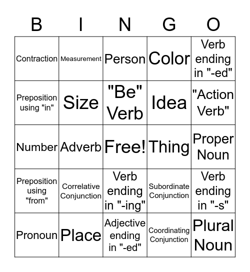 Parts of Speech Bingo Card