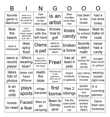 Junior High Bingo Card