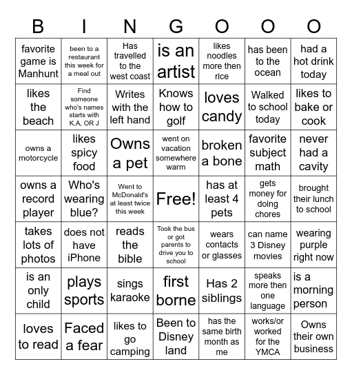 Junior High Bingo Card