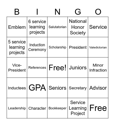 National Honor Society Bingo Card
