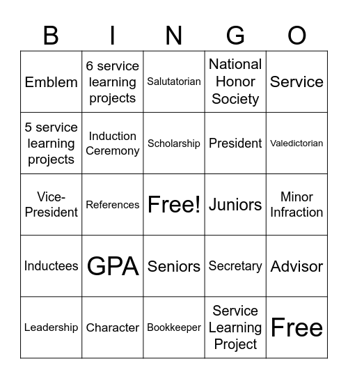 National Honor Society Bingo Card