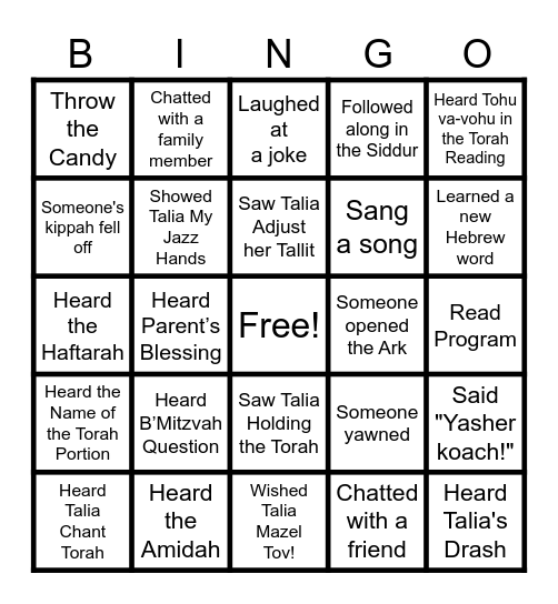 Talia's B'Mitzvah Bingo Card
