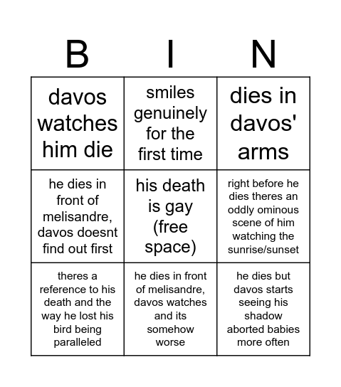 stannis death bingo Card