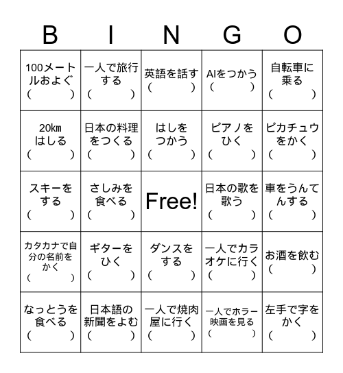 Potential verbs Bingo Card