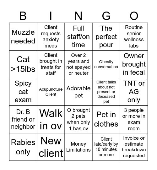 Veterinary Bingo Card