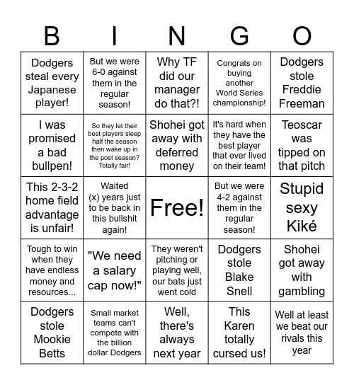 Dodgers complaint bingo card Bingo Card