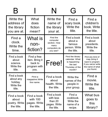 Library Scavenger Hunt Bingo Card