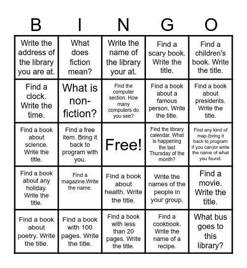 Library Scavenger Hunt Bingo Card