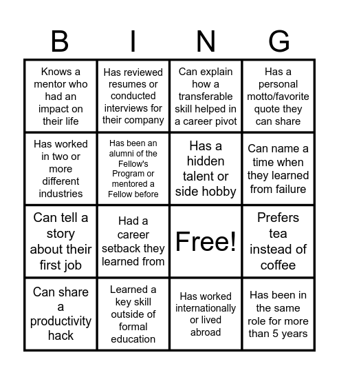 Find a Mentor Coach Who... Bingo Card