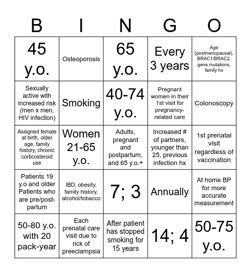 Adult Screenings Bingo Card