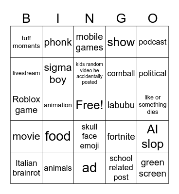 you tube shorts brainrot Bingo Card