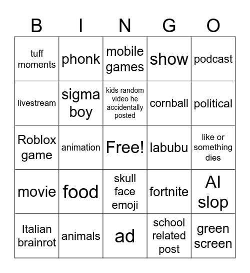 you tube shorts brainrot Bingo Card