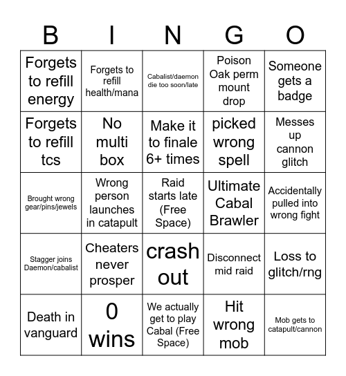 Wiz101 raid bingo (Cabal's Revenge) Bingo Card