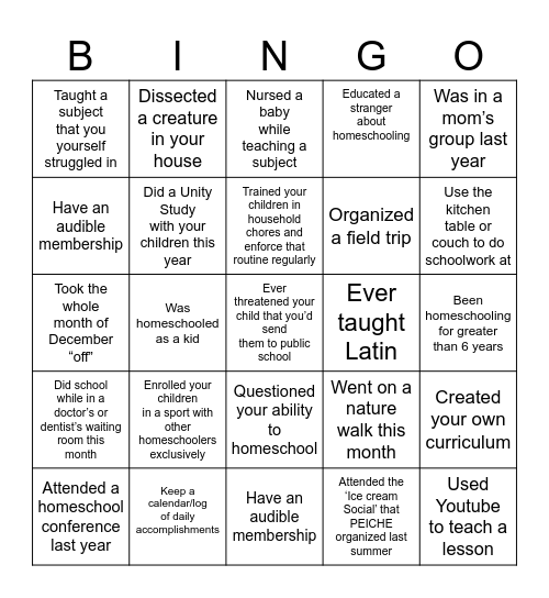 HOMESCHOOL MOM Bingo Card