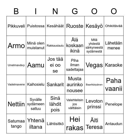 Biisi Bingo Card