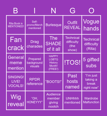 Rita's Twitchcon 2025 Drag Showcase Bingo! Bingo Card