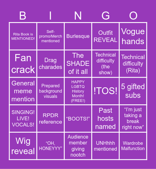 Rita's Twitchcon 2025 Drag Showcase Bingo! Bingo Card