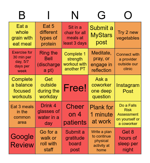 PT Month Wellness Challenge Bingo Card