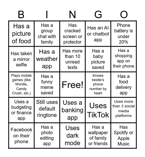Cellphone Bingo Card
