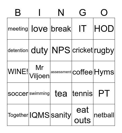 Nelspruit Primary Bingo Card