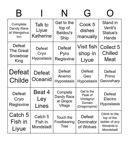 Genshin Lockout Bingo Card