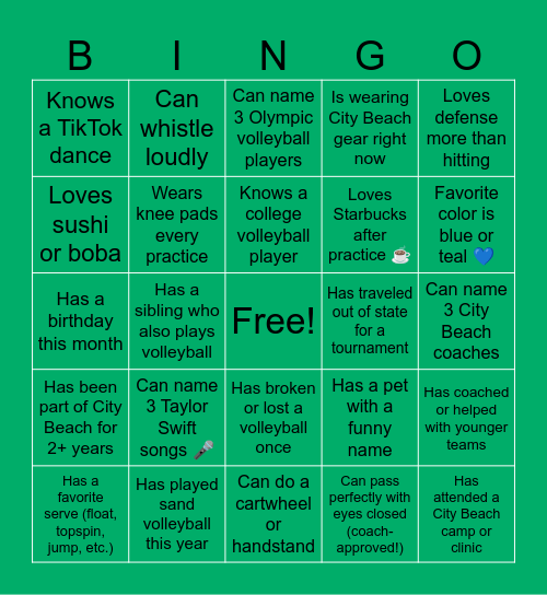 City Beach Human Bingo! Bingo Card
