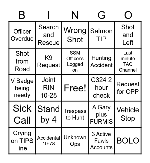 Moose Opener Bingo Card