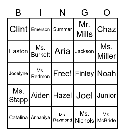 Ms. Burkett's Class Bingo Card