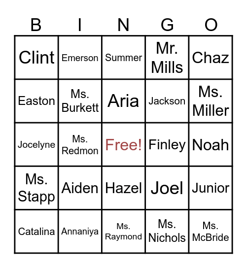 Ms. Burkett's Class Bingo Card