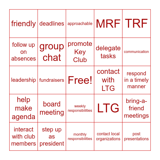 Vice President Training Bingo Card