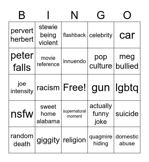 family guy out of context Bingo Card