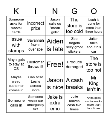 FRIDAY AT KINGS YIG Bingo Card