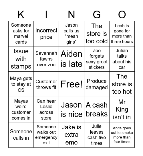 FRIDAY AT KINGS YIG Bingo Card