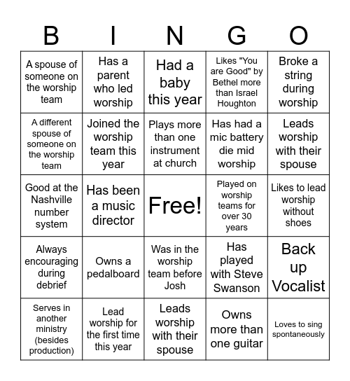 Worship Team Bingo Card