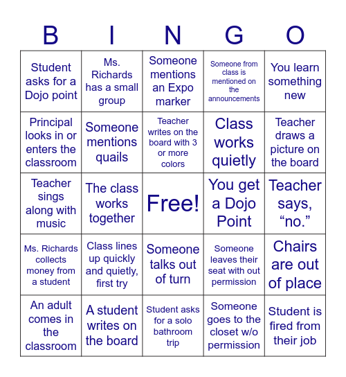 Classroom Bingo Card