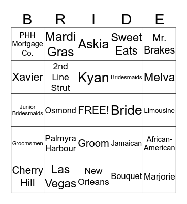 Kamaria and Jason's Wedding Shower Bingo Card