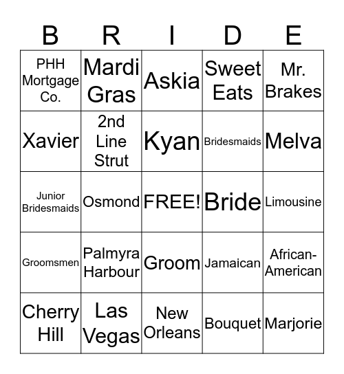 Kamaria and Jason's Wedding Shower Bingo Card