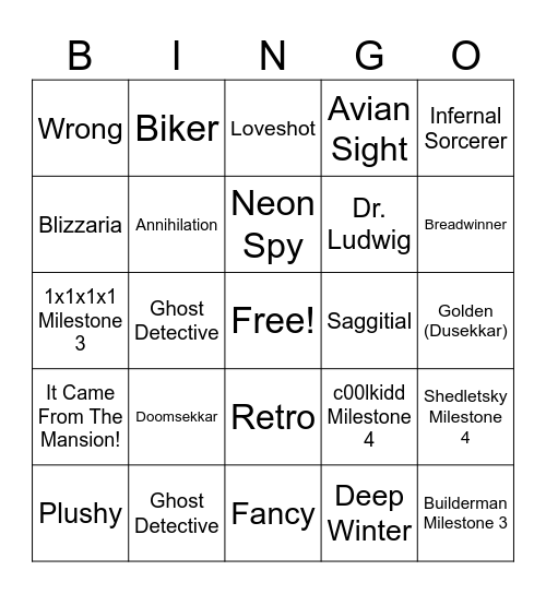 Forsaken Skin Bingo Card