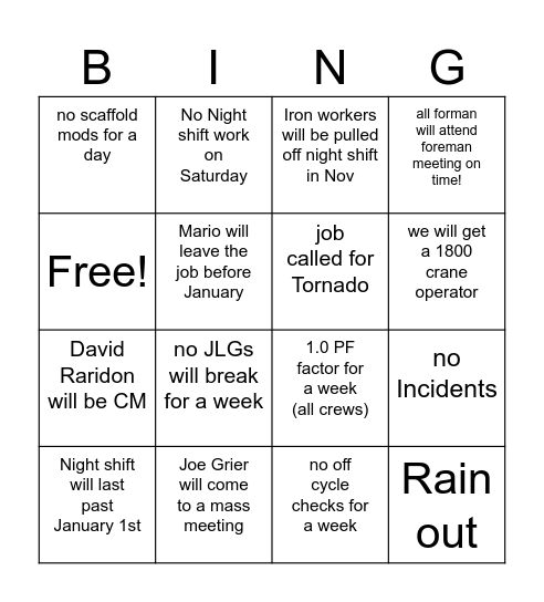 staff bingo Card