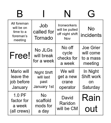 Staff bingo Card